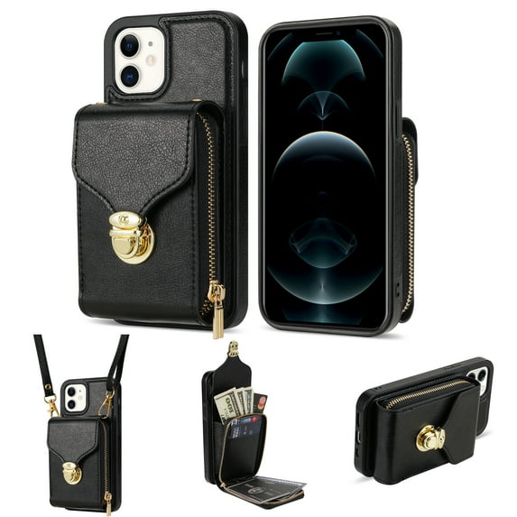 for iPhone 11 Case Wallet with Shoulder Strap for Women - Crossbody Lanyard,Zipper Pocket,Credit Card Holder,Shockproof - Metal Buckle Closure Premium PU Leather Case for iPhone 11, Black