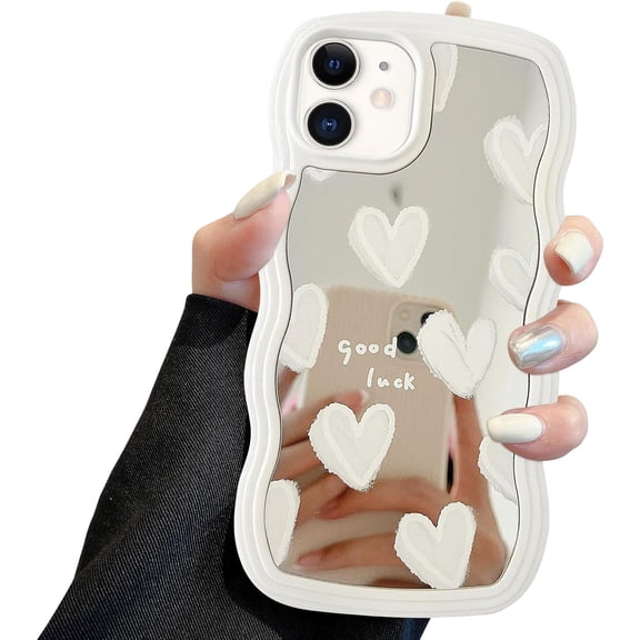 for iPhone 11 Case with Wavy Edge, Cute White Heart Mirror Curly Wave Frame Shape Phone Cases, Shockproof Hard PC & Soft TPU Bumper Protection Cover for Women Girls