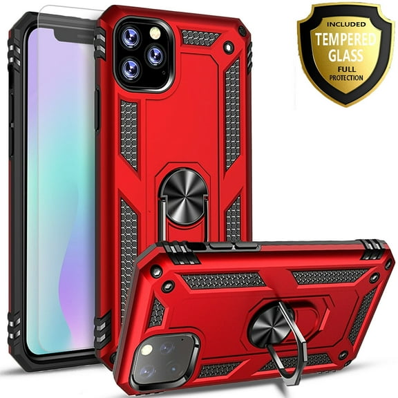 iPhone 11 Case, With [Tempered Glass Screen Protector Included], STARSHOP Drop Protection Ring Kickstand Cover- Red