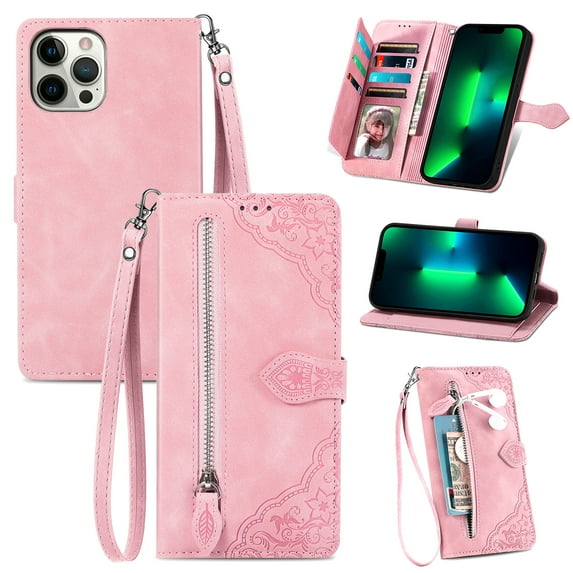 for iPhone 11 Case for Women,Cute Wallet Case with Zipper Pocket Purse Flower Embossed PU Leather Card Slots Wrist Strap Flip Folio Protective Phone Cover for iPhone 11, Pink