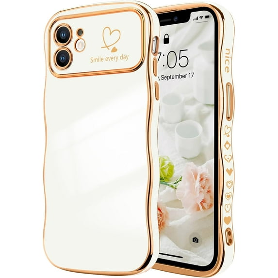 for iPhone 11 Case for Women Girls, Cute Wave Frame Curly Shape with Love Heart Pattern Raised Camera Protection Cover Luxury Plating Shockproof Phone Case for iPhone 11, White
