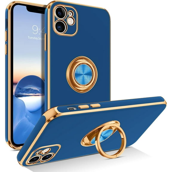 iPhone 11 Case, iPhone 11 Phone Case Electroplated iPhone 11 Case with 360° Ring Holder Kickstand Soft TPU Car Mount Supported Shockproof Protective Plating iPhone 11 Case Cover, Navy Blue