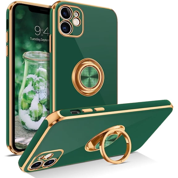 iPhone 11 Case, iPhone 11 Phone Case Electroplated iPhone 11 Case with 360° Ring Holder Kickstand Soft TPU Car Mount Supported Shockproof Protective Plating iPhone 11 Case Cover, Midnight Green