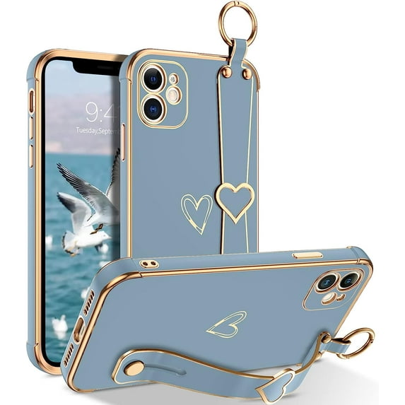 iPhone 11 Case, iPhone 11 Phone Case Love Heart Cute Case with Wristband Kickstand Holder Soft TPU Plating Bumper Protective Slim Shockproof iPhone 11 Phone Case Cover for Girls Women, Grey