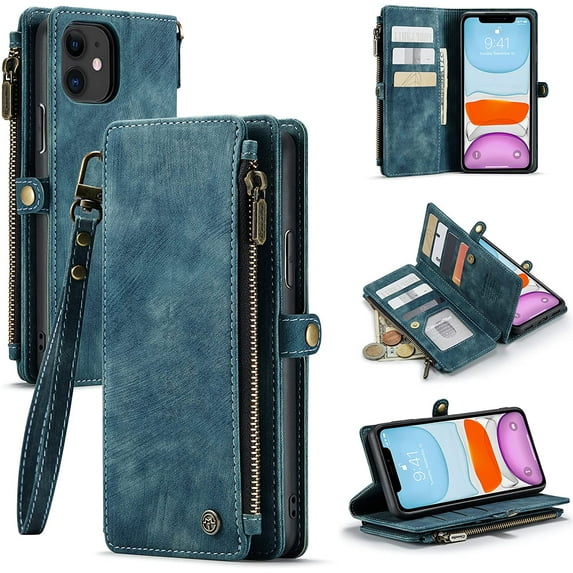 For iPhone 11 Case, iPhone 11 Wallet Case for Women Men, Durable PU Leather Magnetic Flip Lanyard Strap Wristlet Zipper Card Holder Wallet Phone Cases for iPhone 11 6.1-inch, Blue