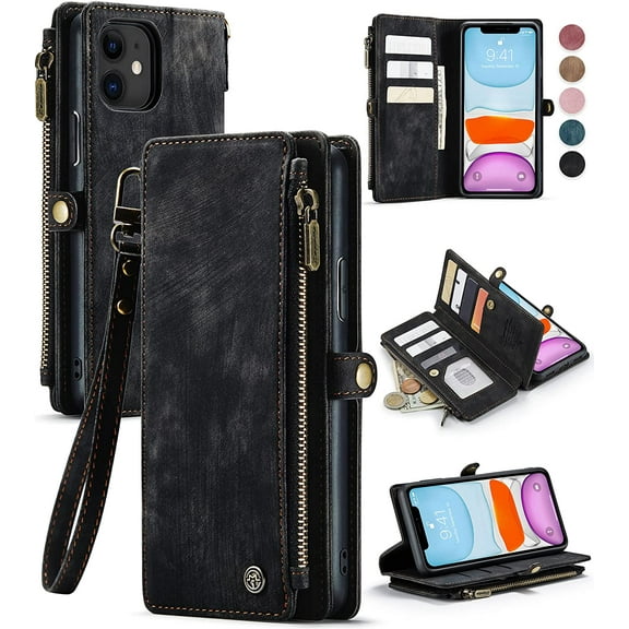 for iPhone 11 Case, for iPhone 11 Wallet Case for Women Men, Durable PU Leather Magnetic Flip Lanyard Strap Zipper Card Holder Wallet Phone Cases for iPhone 11 6.1-inch, Black