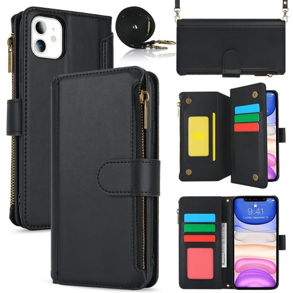 for iPhone 11 Crossbody Case, RFID Blocking for iPhone 11 Case Wallet with Card Holder, Fashion PU Leather Magnetic Flip Zipper Wrist Strap Lanyard Phone Case, Black