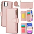 thumbnail image 1 of for iPhone 11 Crossbody Case, RFID Blocking for iPhone 11 Case Wallet with Card Holder, Fashion PU Leather Magnetic Flip Zipper Wrist Strap Lanyard Phone Case, Rosegold, 1 of 11