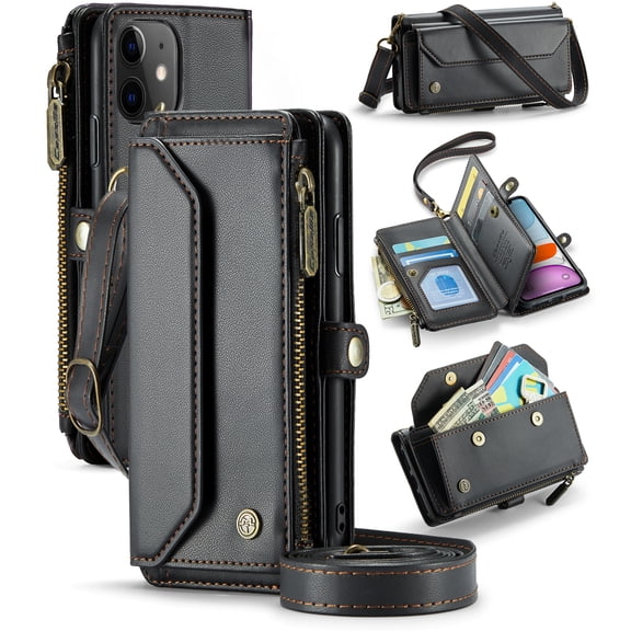 For iPhone 11 Crossbody Wallet Case with Card Slots Zipper Pocket,PU Leather Magnetic Flip Folio Wristlet Shoulder Strap 3-in-1 Crossbody Phone Case Wallet for Women Men,Black