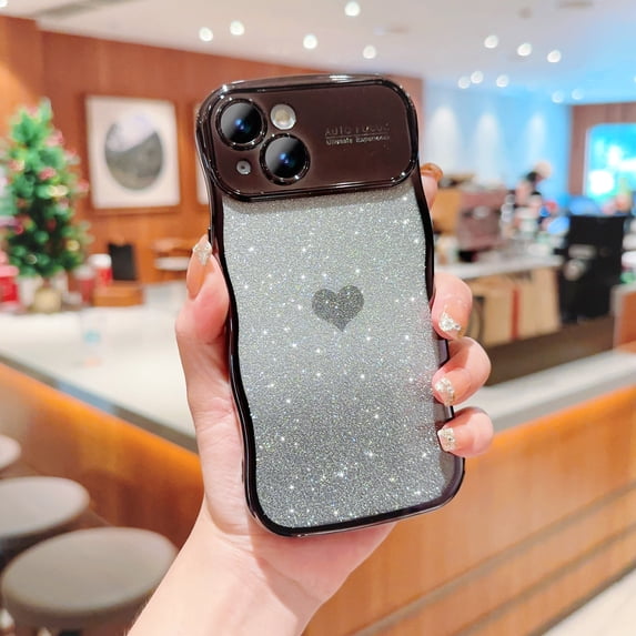 for iPhone 11 - Curly Wave Edge Design, Transparent Bling Glitter Shiny Case, Cute Heart Patterned Plating Camera Protection Soft TPU Shockproof Phone Cover for Women and Girls, Black