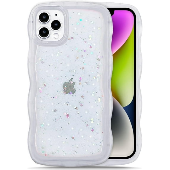 for iPhone 11 - Curly Wave Edge Design, Transparent Bling Glitter Star Shiny Case, Cute Pink Clear Full Protection Soft TPU Shockproof Phone Cover for Women and Girls (Clear)