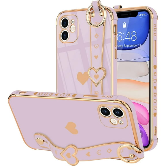 iPhone 11 Cute Love-Heart Case with Wristband, Bling Silicone Bumper, Camera Lens Protection - Purple (6.1")