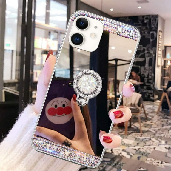 for iPhone 11 Diamond Glitter Case Mirror Makeup Cute for Girls Women Protective Cover with Bling Crystal Rhinestone Ring Holder Finger Grip Stand Kickstand Case for iPhone 11 Silver