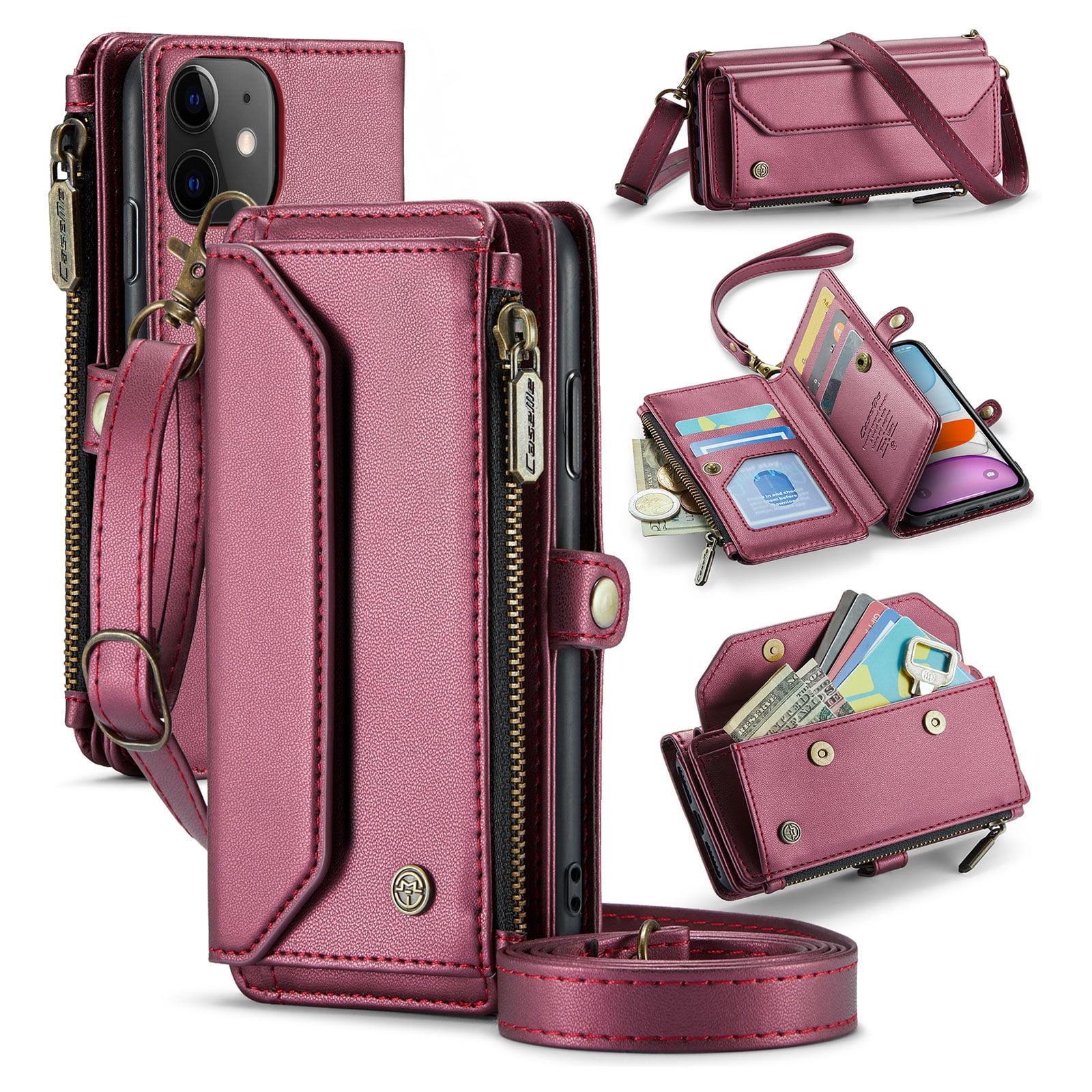 for iPhone 11 Full Body Protection Wallet Folio Flip Case, Shoulder Strap & Wristlet Card Slots Zipper Pocket RFID Blocking Rugged Durable PU Leather Phone Case Cover, Winered