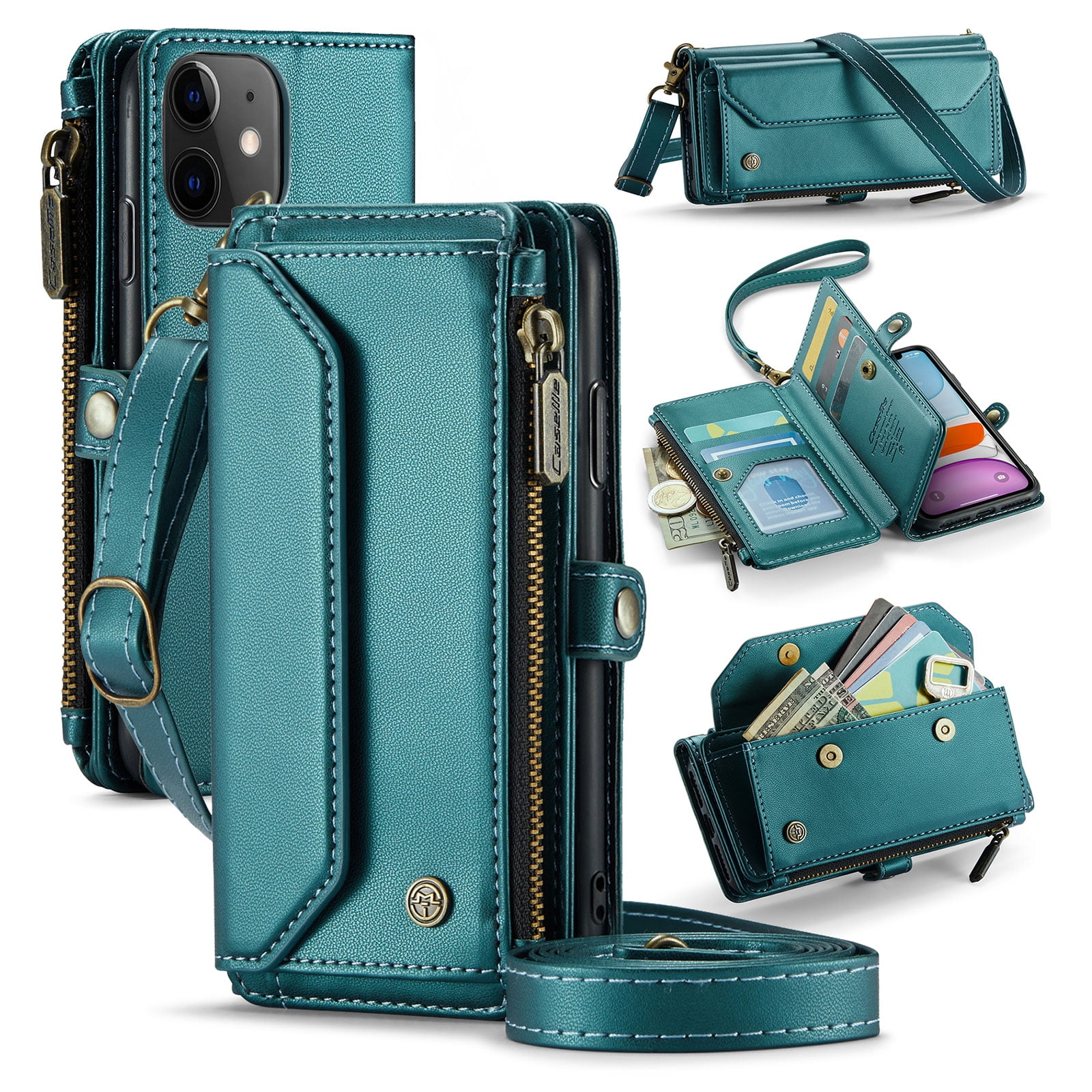 for iPhone 11 Full Body Protection Wallet Folio Flip Case, Shoulder Strap & Wristlet Card Slots Zipper Pocket RFID Blocking Rugged Durable PU Leather Phone Case Cover, Green