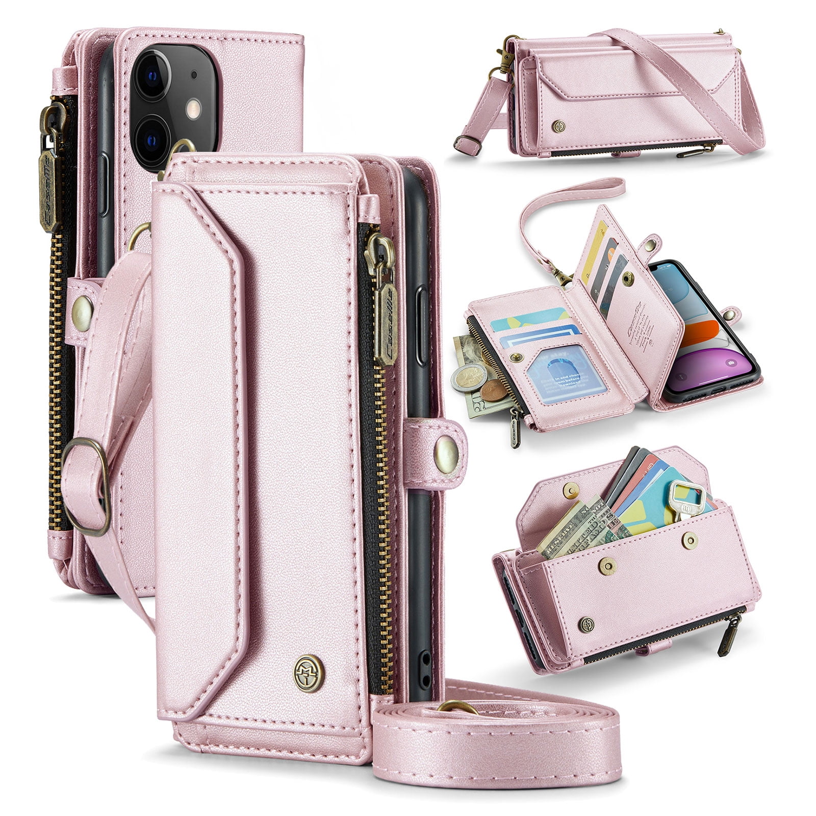 for iPhone 11 Full Body Protection Wallet Folio Flip Case, Shoulder Strap & Wristlet Card Slots Zipper Pocket RFID Blocking Rugged Durable PU Leather Phone Case Cover, Pink