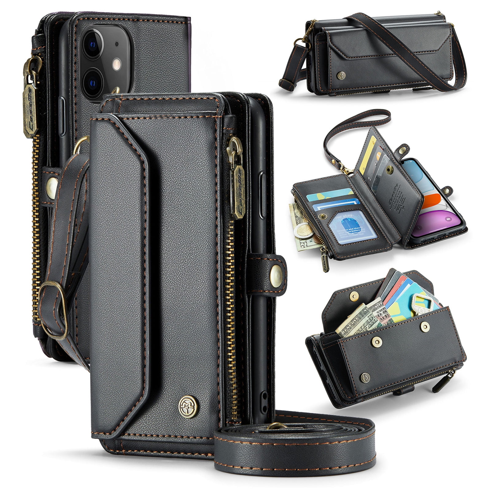 for iPhone 11 Full Body Protection Wallet Folio Flip Case, Shoulder Strap & Wristlet Card Slots Zipper Pocket RFID Blocking Rugged Durable PU Leather Phone Case Cover, Black