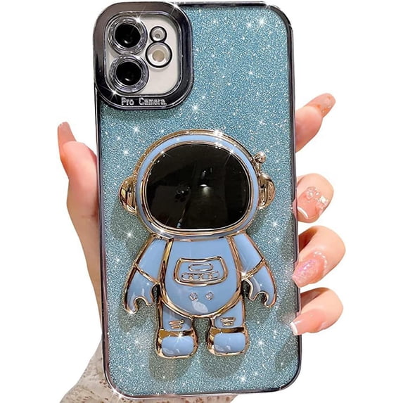 for iPhone 11 Glitter Case Luxury Plating Astronaut Hidden Stand Case, Cute 3D Kickstand, Bling Slim Thin Shockproof for Women Girls Protective Clear Phone Cover Case, 6.1 inch, Blue