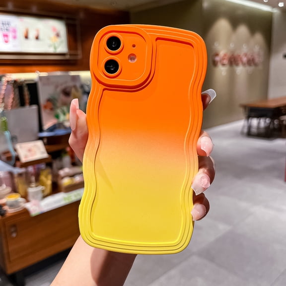 for iPhone 11 Gradient Wavy Case, Cute Wave Frame Design Dual Colors Soft Silicone Rubber Shockproof Flexible TPU Phone Cover for iPhone 11 6.1 inch Girls Women, Orange/Yellow