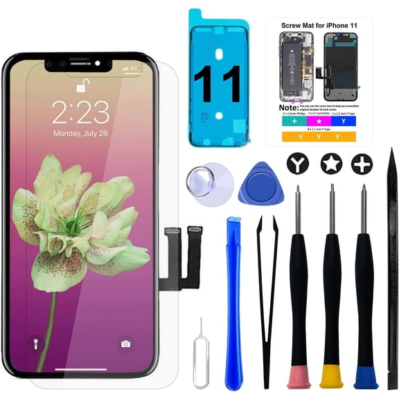 for iPhone 11 LCD Screen Replacement Kit,6.1 inch 3D Touch Display Digitizer Frame Assembly Set with Repair Tools,Adhesive and Tempered Glass A2111/A2223/A2221