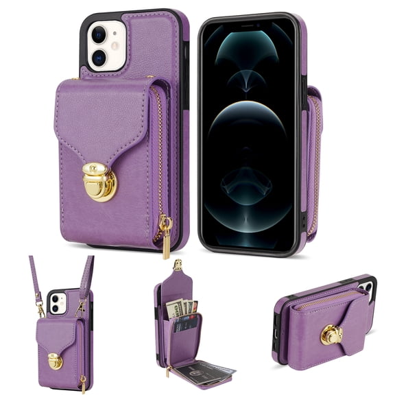 iPhone 11 Luxury Leather Case with Card Holder for Women Phone Case Wallet with Strap Credit Card Slots Crossbody Strap with Kickstand Zipper Shockproof Case For iPhone 11,Purple