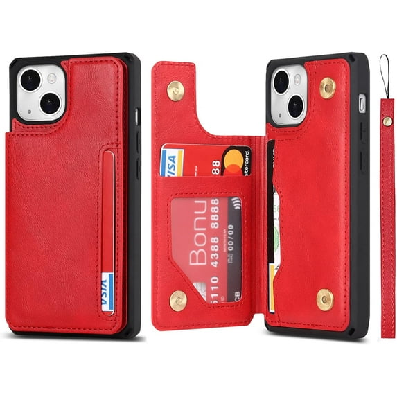 for iPhone 11 Luxury PU Leather Case with Card Holder,Cash Slots,Stand Function Back Wallet Case Flip Wrist Strap Double Magnetic Clasp Durable Protective Case for iPhone 11 6.1",Red