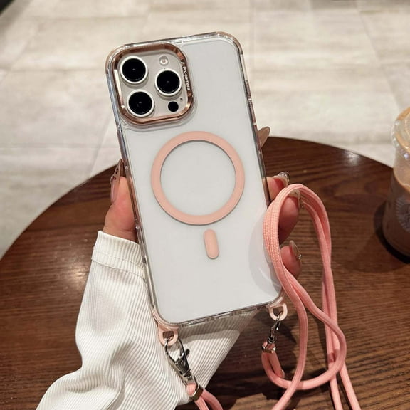 for iPhone 11 Magnetic Clear Case, Military Grade Drop Protection Anti-Yellowing Phone Cover, Rugged Durable Shockproof Protective Case with Shoulder Strap for iPhone 11 6.1", Pink