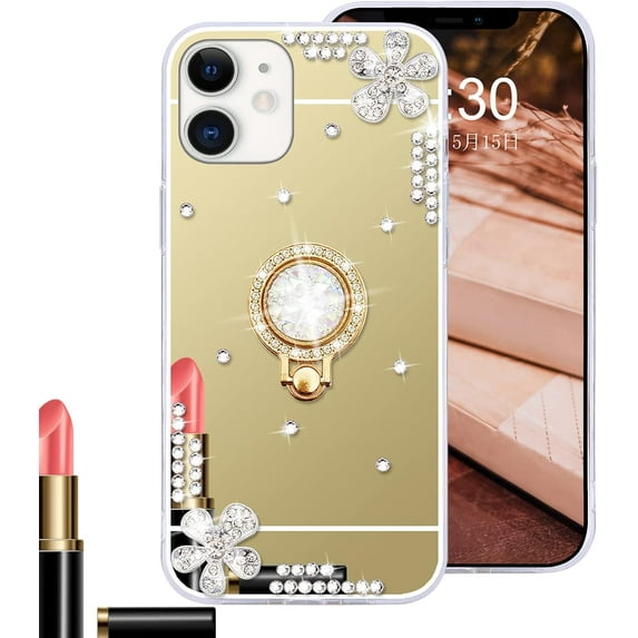 for iPhone 11 Makeup Mirror Case for Women Girls Luxury Bling Glitter Rhinestone Cover with Shiny Crystal Diamond Ring Stand Holder Finger Grip Cute Girly Cases for iPhone 11 Gold