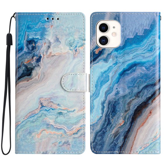 for iPhone 11 Marble Flower Pattern Wallet Case, with Card Slots Holder Wrist Strap Magnetic Clasp Kickstand Cover, Premium PU Leather + TPU Shockproof Case for iPhone 11,Blue Marble