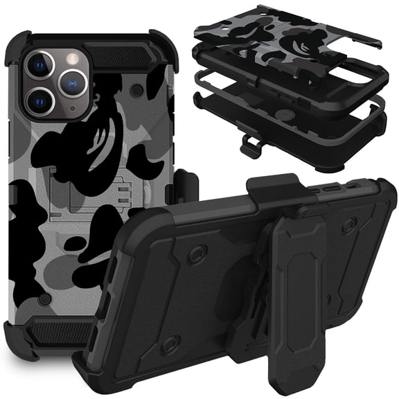 iPhone 11 PRO 2019 5.8 Inch A2160 A2217 A2215 Durable Classic Printed Case with 360Â° Rotatable Belt Clip with Kick Stand - Military Gray(with Holster)