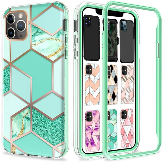 iPhone 11 PRO 5.8" 2019 A2160 A2217 A2215 Shockproof Dual Layer 3D Printed Cover with Rose Gold Grid TPU Back Case - Green Marble