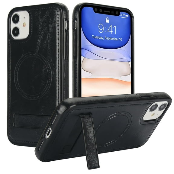 for iPhone 11 PU Leather Back Case, Built-in Invisible Stand [Compatible with Magsafe] Protective Slim Kickstand Anti-fall Phone Cover Compatible with iPhone 11, Black