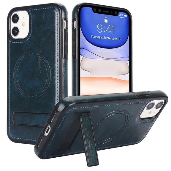 for iPhone 11 PU Leather Back Case, Built-in Invisible Stand [Compatible with Magsafe] Protective Slim Kickstand Anti-fall Phone Cover Compatible with iPhone 11, Blue