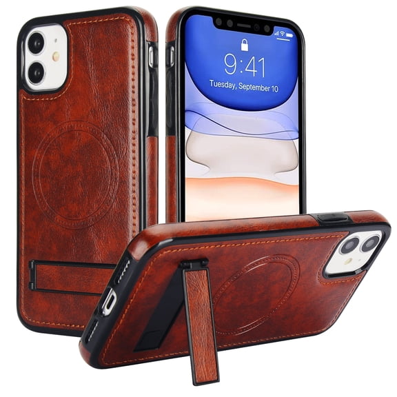 for iPhone 11 PU Leather Back Case, Built-in Invisible Stand [Compatible with Magsafe] Protective Slim Kickstand Anti-fall Phone Cover Compatible with iPhone 11, Brown