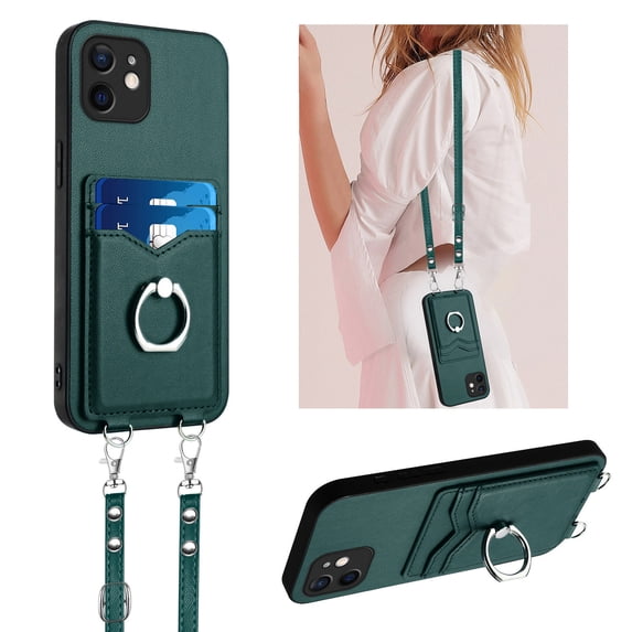 for iPhone 11 PU Leather Case, Wallet Case with Ring Stand Kickstand Shockproof Protective for Women Girls Card Holder Slot Stand Shoulder Strap Case for iPhone 11, Green