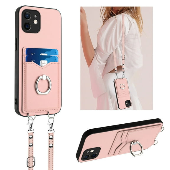 for iPhone 11 PU Leather Phone Case Cover, Classic Shoulder Strap Card Slots Shockproof Protective Ring Bracket Anti-scratch Ultra Slim Back Case for iPhone 11 - Rosegold