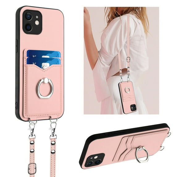 for iPhone 11 PU Leather Phone Case Cover, Classic Shoulder Strap Card Slots Shockproof Protective Ring Bracket Anti-scratch Ultra Slim Back Case for iPhone 11 - Rosegold