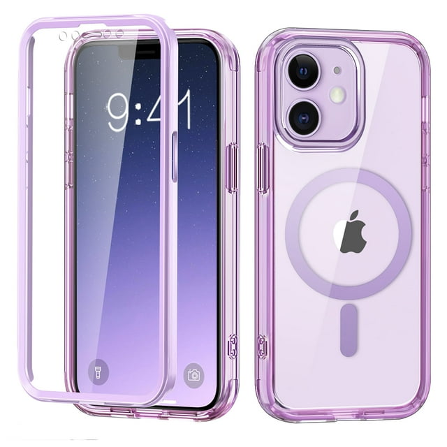 iPhone 11 Phone Case with Built-in Screen Protector, iPhone 11 Magnetic Case Compatible with MagSafe, Clear Slim Shockproof Anti-Scratch Protective Cover for iPhone 11 6.1",Light Purple