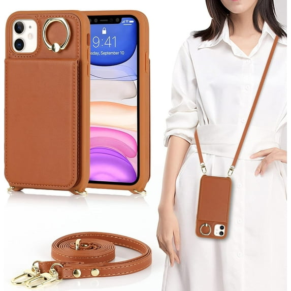 iPhone 11 Phone Case with Card Holder for Women, iPhone 11 Case Wallet with Credit Card Slots Crossbody with Ring Kickstand Shockproof Slim Stand Case for iPhone11 - Brown