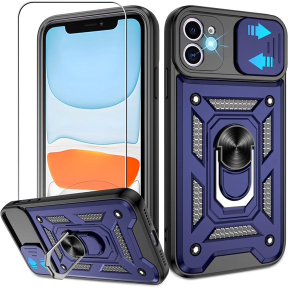 for iPhone 11 Phone Case with HD Screen Protector, Heavy Duty Shockproof with 360° Rotation Metal Kickstand [Military Grade] Protective Case for iPhone 11, Blue