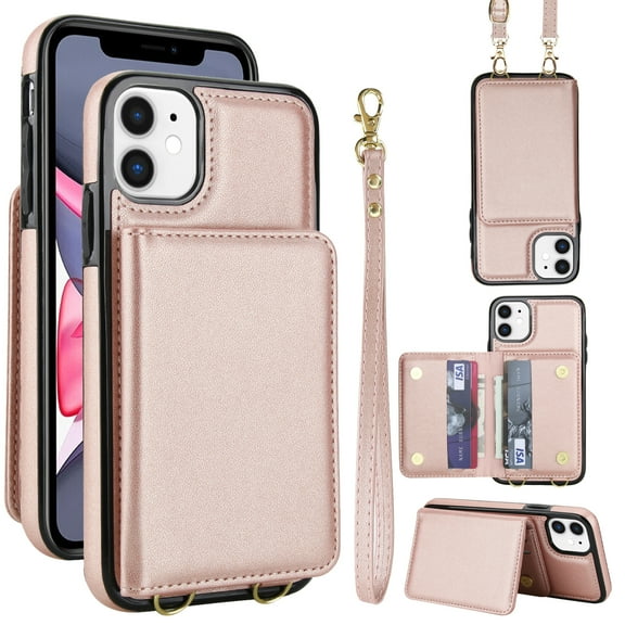 For iPhone 11 Phone Case Wallet Card Holder,RFID Blocking PU Leather Back Magnetic Flip Kickstand Folio Case Wrist Lanyard & Crossbody Strap Protective Women Girls Cover,Rosegold