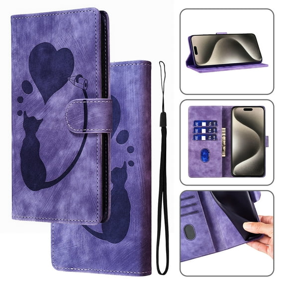 for iPhone 11 Phone Case Wallet Flip Cases,Cute Cat & Heart Patterned,Retro PU Leather Kickstand,Card Holder,Wrist Strap,Magnetic Closure,Shockproof Cover For iPhone 11, Purple