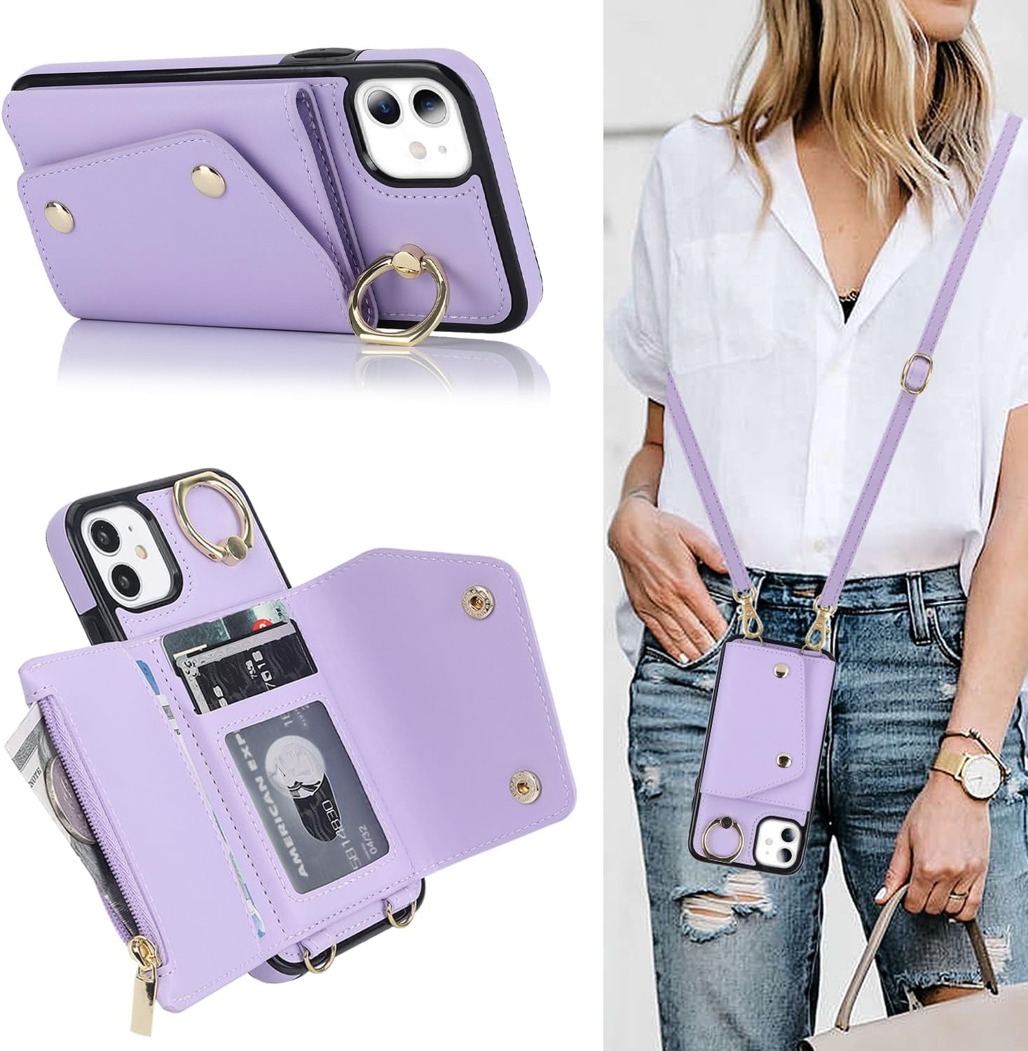 for iPhone 11 Phone Case Wallet with Strap for Women Crossbody Lanyard and Wristlet Strap Zipper Pocket Credit Card Holder Ring Stand RFID Blocking Phone Wallet Cases 6.1 inch Purple Walmart