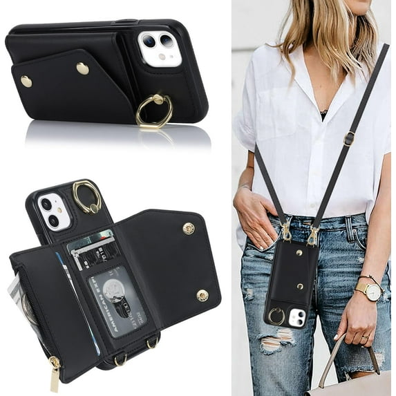 for iPhone 11 Phone Case Wallet with Strap for Women,Crossbody Lanyard and Wristlet Strap,Zipper Pocket,Credit Card Holder,Ring Stand,RFID Blocking Phone Wallet Cases(6.1 inch,Black)