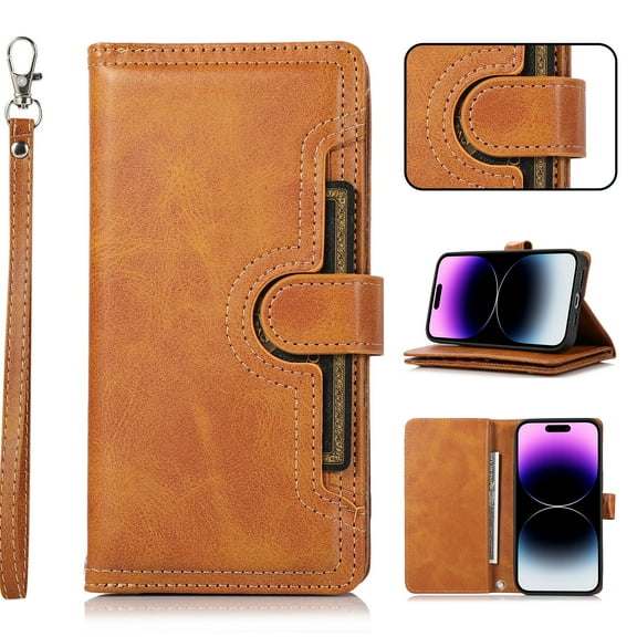 for iPhone 11 Phone Case,for iPhone 11 Wallet Case RFID Blocking 8 Card Slots Holder & 1 Cash Pocket & 1 Outer Pouch,Wrist Strap,Shockproof Leather Magnetic Flip Stand Cover,Orange