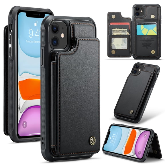for iPhone 11 Premium PU Leather Back Case, Multiple Card Slots Design, Double Magnetic Clasp Study Kickstand RFID Blocking Classic Phone Cover for iPhone 11, Black