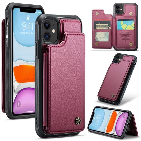 for iPhone 11 Premium PU Leather Back Case, Multiple Card Slots Design, Double Magnetic Clasp Study Kickstand RFID Blocking Classic Phone Cover for iPhone 11, Winered