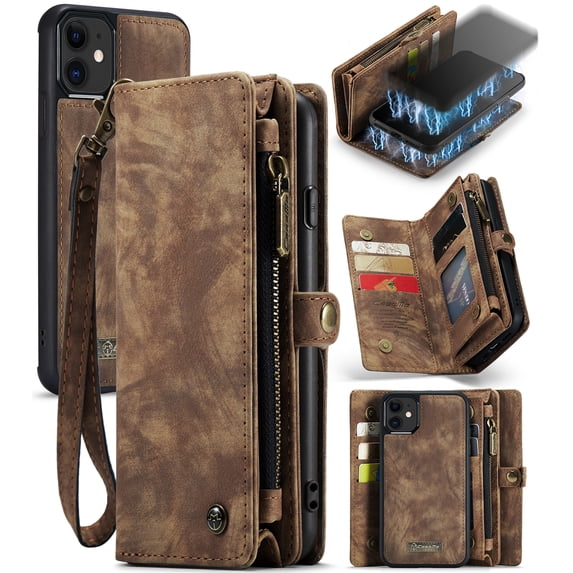 for iPhone 11 Premium PU Leather Folding Case, Multiple Card Slots Design, Wrist Strap Zipper Pocket Kickstand Magnetic Snap, Wireless Charging for iPhone 11, Darkbrown