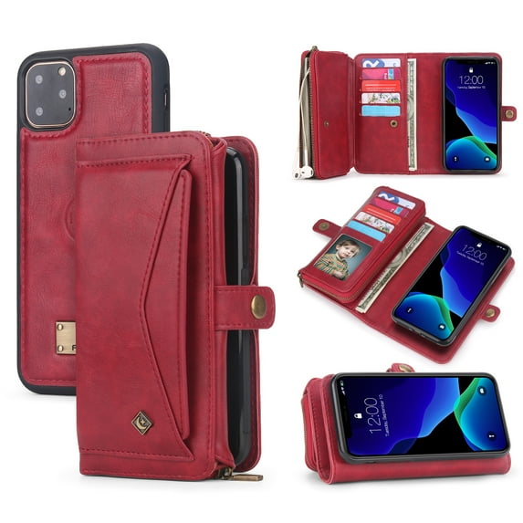 iPhone 11 Pro 5.8 Case, Allytech Multi-Function PU Leather Zipper Cards Holders Money Pocket Detachable Magnetic Back Cover Wireless Charger Folio Flip Stand Cover for Apple iPhone 11 Pro 5.8, Red