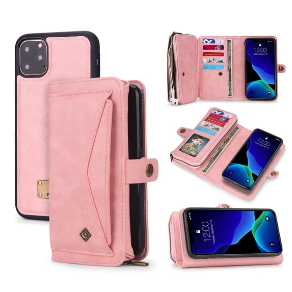 iPhone 11 Pro 5.8 Case, Allytech Multi-Function PU Leather Zipper Cards Holders Money Pocket Detachable Magnetic Back Cover Wireless Charger Folio Flip Stand Cover for Apple iPhone 11 Pro 5.8, Pink